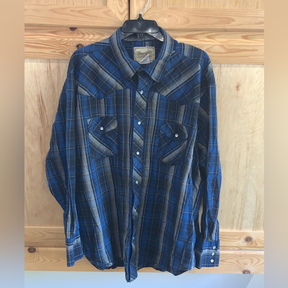 Wrangler blue plaid western snap button front shirt size 2XL
